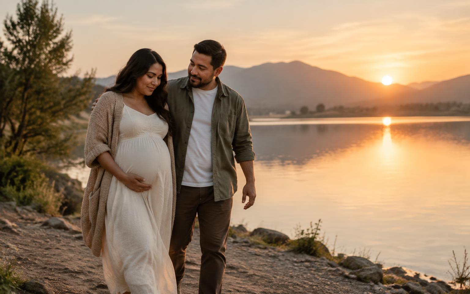 Pareja gestante caminando junto a un lago